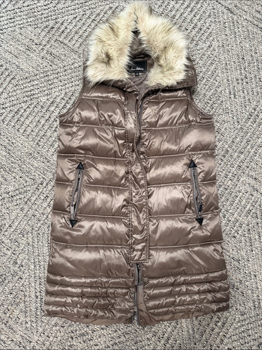 Sam Edelman Shiny Brown Quilted Puffer Vest with Faux Fur Hood